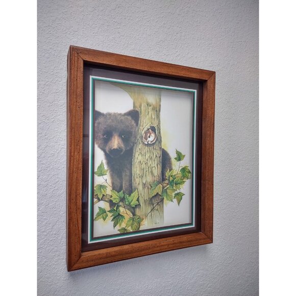 Vintage F. Massa Artwork Print Bear Cub Chipmunk Squirrel Wood Frame Shadow Box - Picture 1 of 16